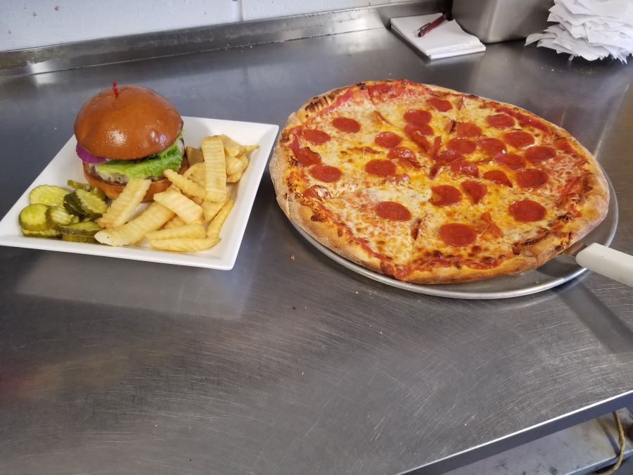 Pizza, burger and fries